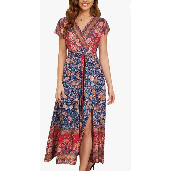 Womens Bohemia Side Split V Neck Ruffles Short Sleeves Maxi Dress with Belt Sz M - Picture 9 of 16